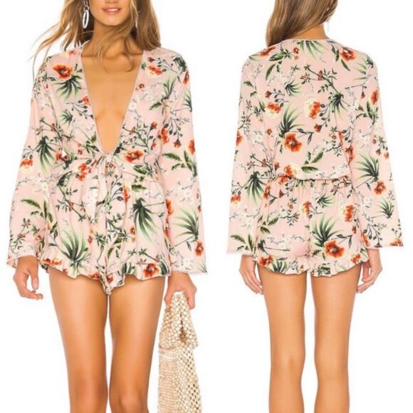 Agua Bendita Pants - Agua Bendita Larissa Floral Romper Pistachio Satin Pink size Small